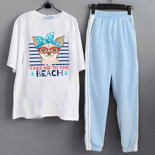 Sét Bộ Đồ Nữ Mặc Đi Chơi Dự Tiệc Mùa Hè,Áo Phông Cotton Mát Mịn In Cún Nơ Xanh+Quần Thun Bo Gấu Phong Cách Teen Hàn Quốc