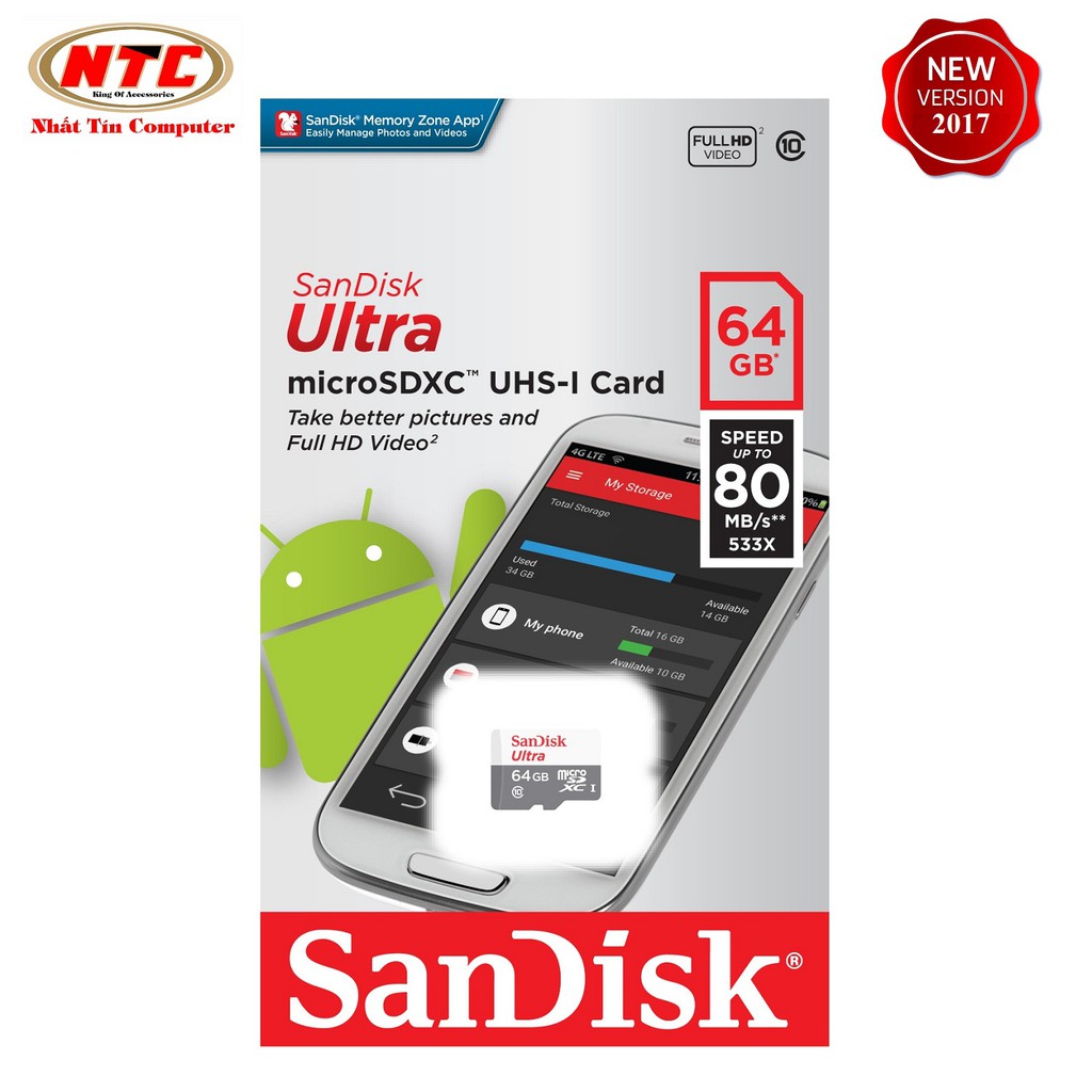  Thẻ nhớ MicroSDXC SanDisk Ultra 533X 64GB 80MB/s - Model 2017 (Trắng bạc)