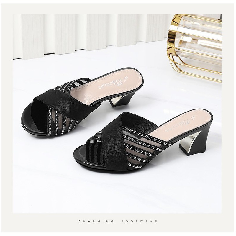 Dép Cao Gót Đế Dày Phối Lưới Thoáng Khí Đính Đá Thời Trang Mùa Hè 2022