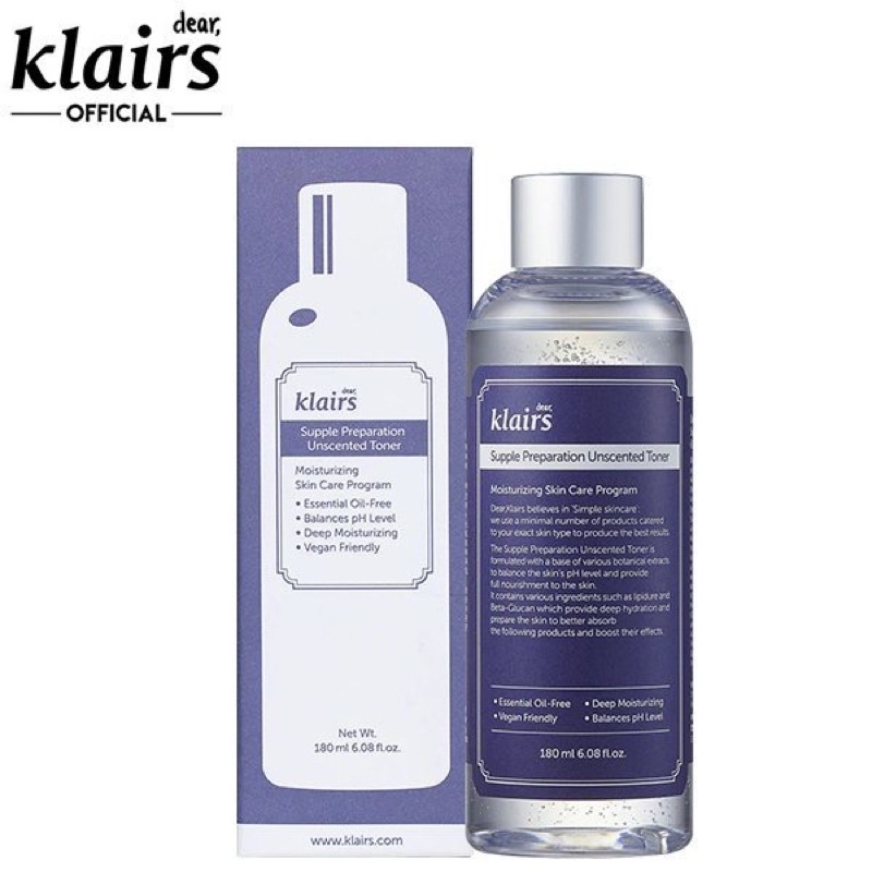 [CHÍNH HÃNG] Nước hoa hồng Dưỡng Ẩm Da Không Mùi Klairs Supple Preparation Unscented Toner 180ml