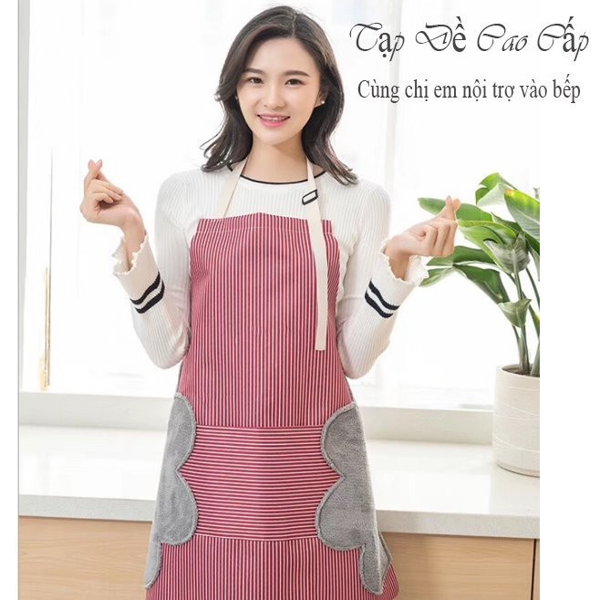[FREESHIP❤️] Tạp Dề Kẻ Hoa Có Khăn Lau Tay Bên Hông, Tạp Dề Chống Thấm Nước