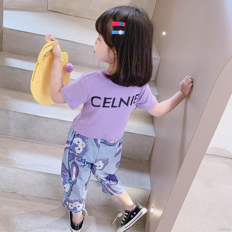 Bộ đồ áo tay ngắn cổ tròn và quần dáng rộng họa tiết hoạt hình phong cách Hàn Quốc xinh xắn cho bé gái