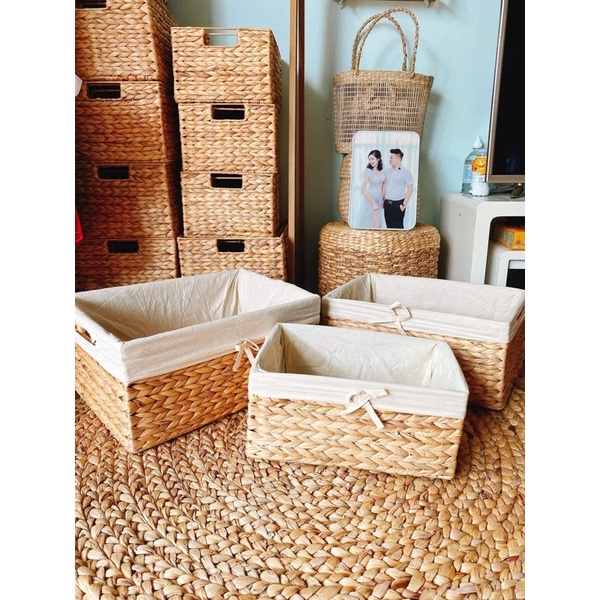 Xưởng Bán Sỉ bộ 3 giỏ chữ nhật lục bình bộ giỏ cói chữ nhật giỏ cói đựng đồ giỏ lục bình đựng đồ chuẩn Vintage