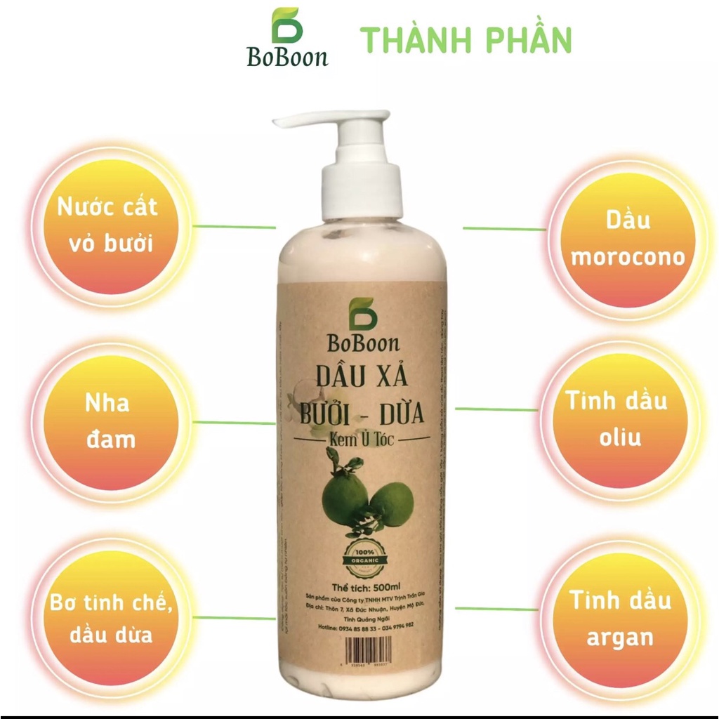 250ml & 500ml - Dầu xả organic Boboon tinh chất bưởi dừa oliu dưỡng tóc mềm mượt phục hồi hư tổn cấp ẩm cho tóc