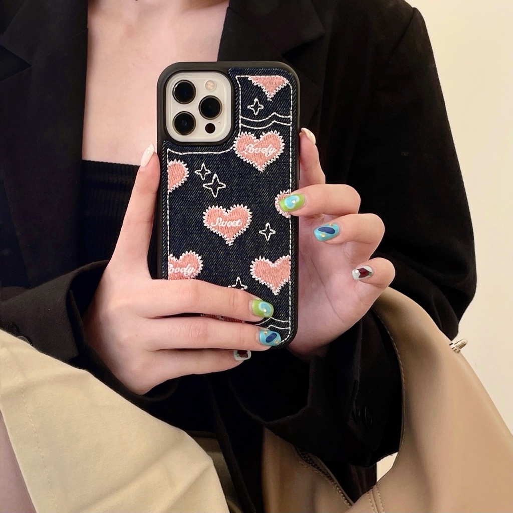 Ốp Điện Thoại Tpu Dẻo Màu Hồng Thêu Họa Tiết Trái Tim Đơn Giản Chống Sốc Chống Rơi Cho iPhone 14 13 12 11 Pro XS Max XR