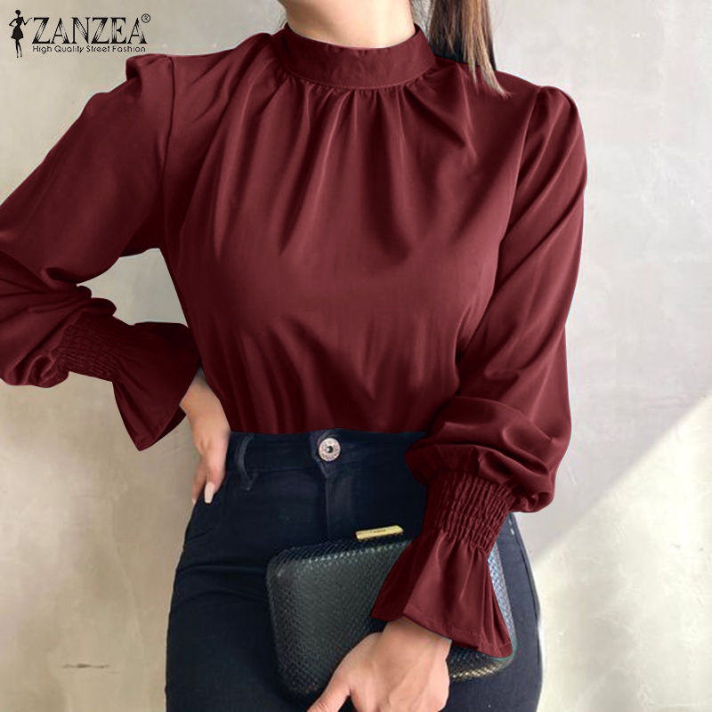Áo kiểu ZANZEA thời trang nữ cổ kín ống tay áo bo thun dạng loe phù hợp mặc hàng ngày