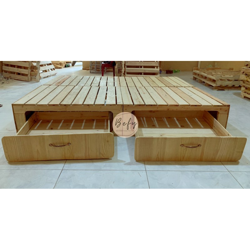 Giường Pallet Gỗ Thông Hộc Kéo / Giường Gỗ Thông Cao 30cm / Giường Gỗ Cho Homestay