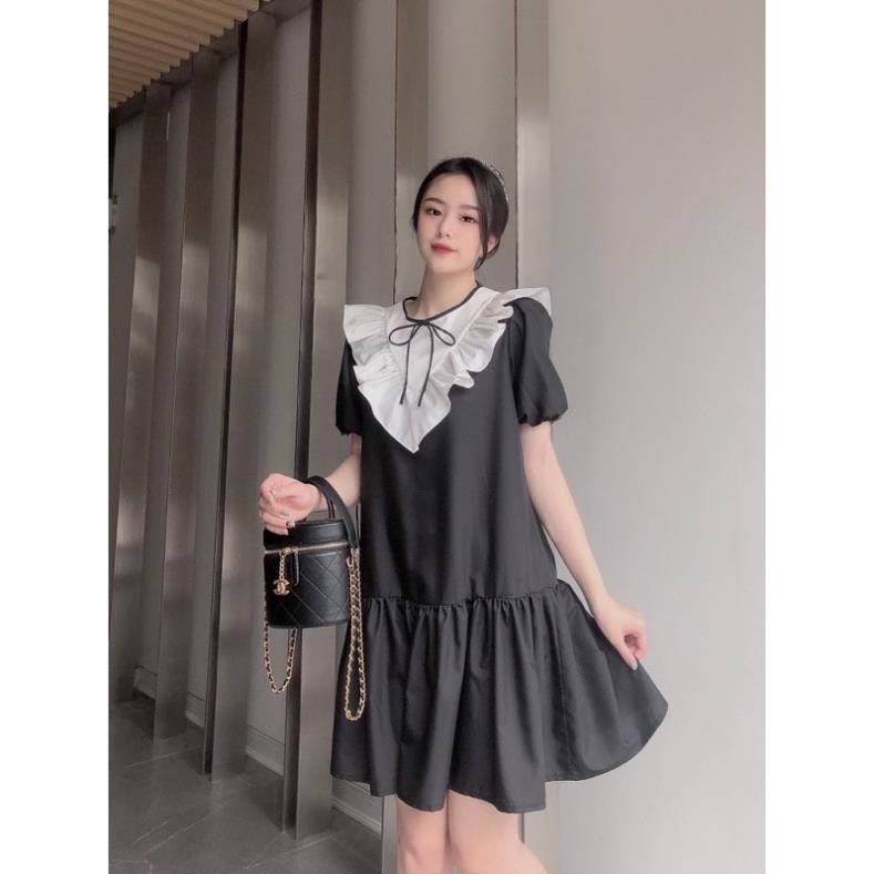 Váy bầu bánh bèo đầm bầu babydoll cổ trắng có nơ 45-70kg ཾ ྇