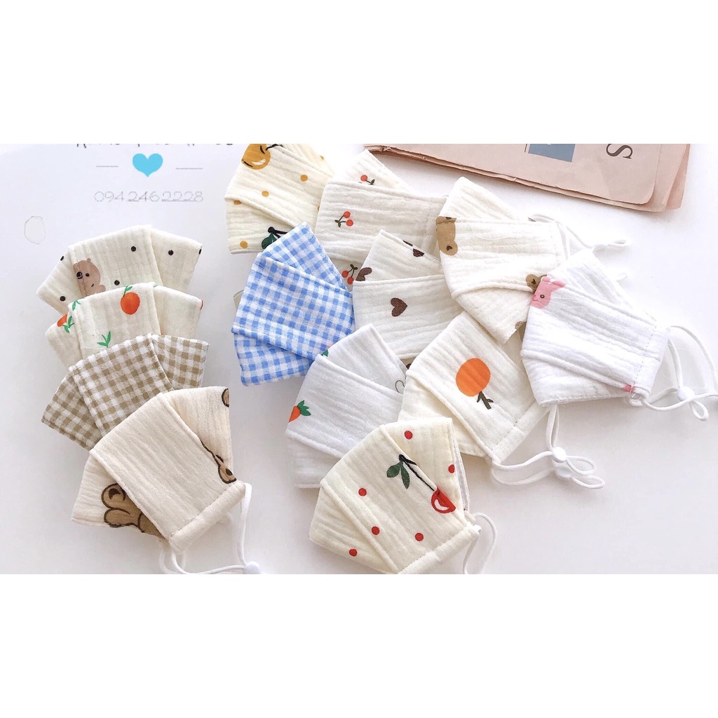 Khẩu trang vải xô muslin 2 lớp cao cấp có dây đeo điều chỉnh cho bé từ 6 tháng