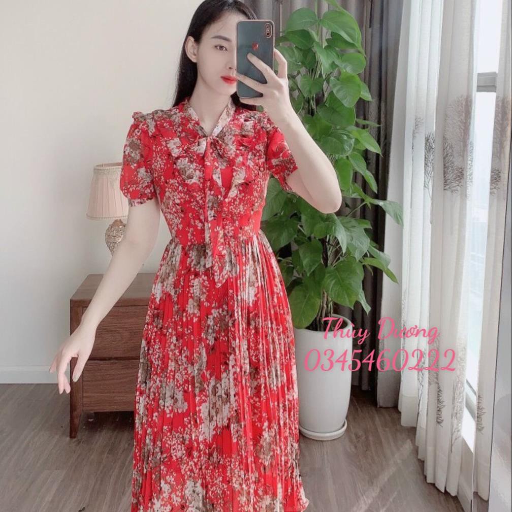 (FREESHIP) Váy đầm hoa thiết kế VINTAGE dáng xòe cổ nơ ngắn tay chân váy xếp ly dài qua gối M01 New *