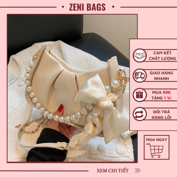 Túi Xách Nữ Kẹp Nách, Túi Đeo Chéo phụ kiện hạt trai thắt nơ Siêu Hot ZENI BAGS mã T05