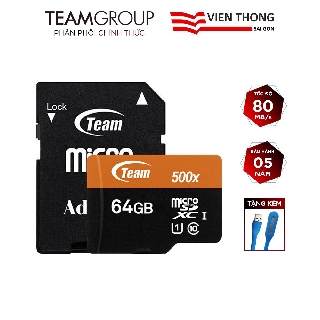 Thẻ nhớ microSDXC Team 64GB 500x upto 80MB s C10 UHS-I kèm Adapter (Cam) tặng đèn LED cổng USB thumbnail
