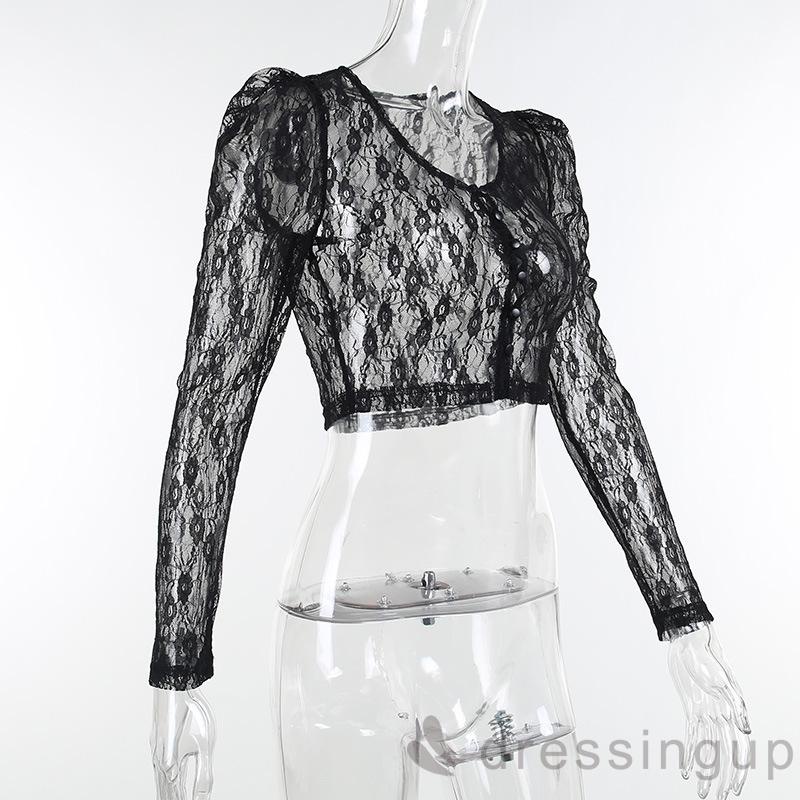 Áo thun nữ tay dài cổ chữ V phối ren phong cách vintage quyến rũ