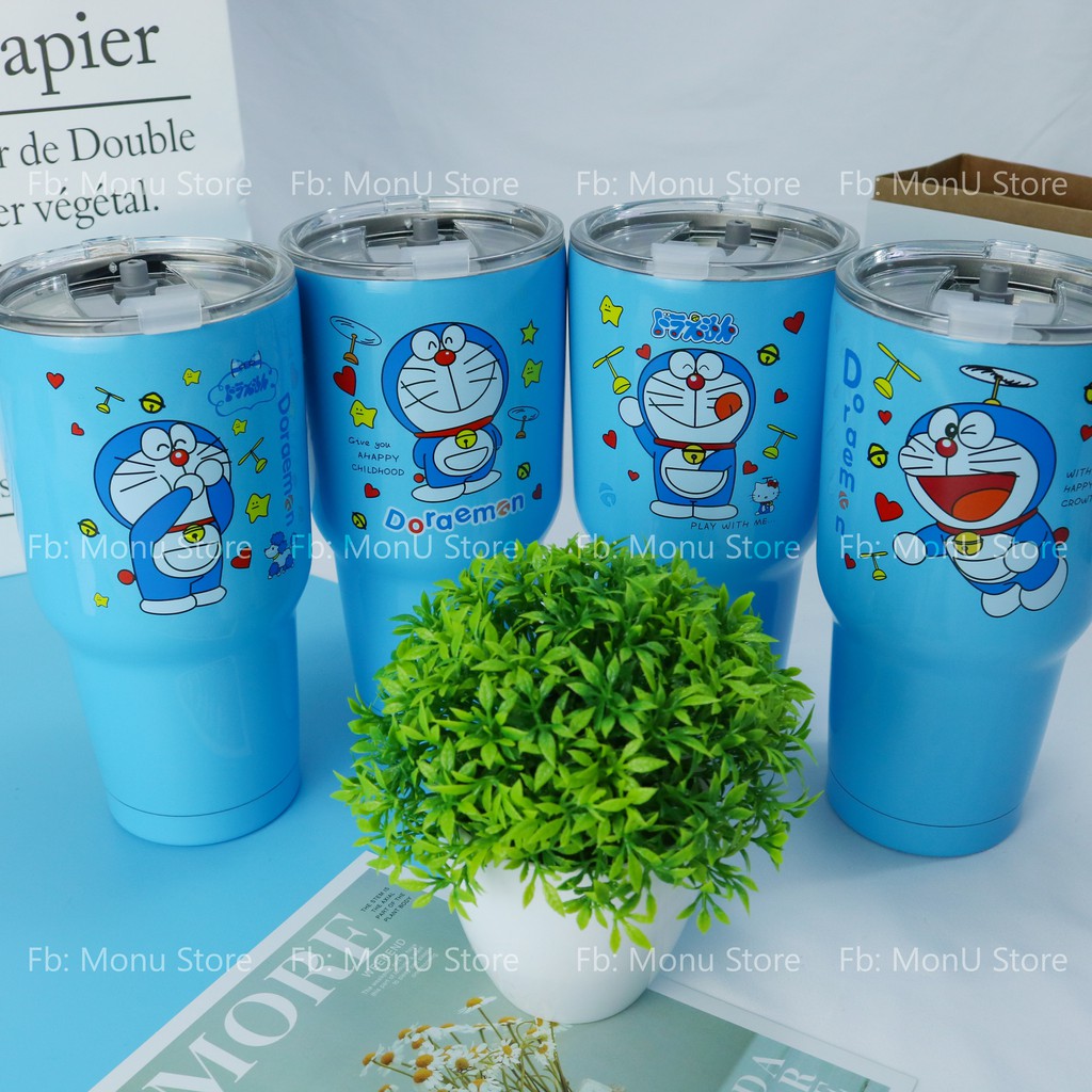 Ly giữ nhiệt hình DORAEMON dễ thương inox 304 an toàn tặng kèm bộ ống hút 4 món