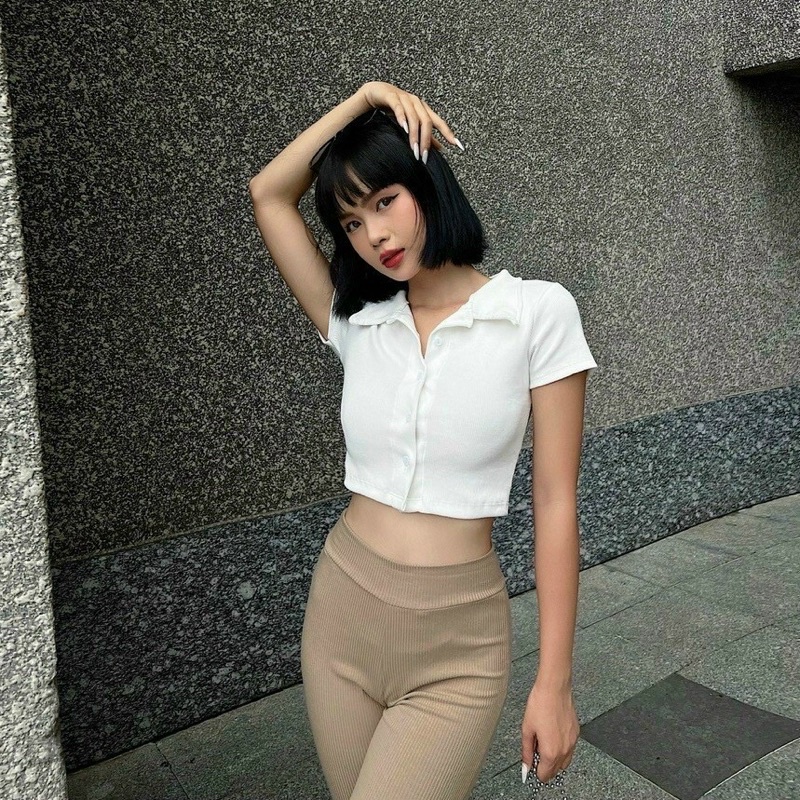 Áo Thun Croptop Thun Gân Cổ Sơ Mi Cúc Gài Thật