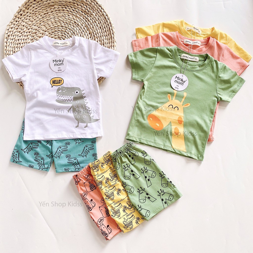 Sale !!! Bộ Cộc Tay Cotton  Hàng Minky Mom In  Khủng Long Xám- Trắng Cho Bé  (9-19kg) (SP001372)