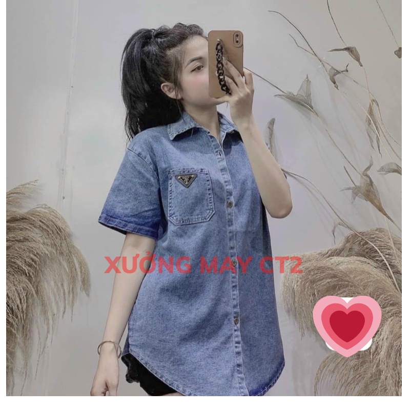 Áo sơ mi jean MẶT LOGO from rộng- áo bò demin ngắn tay phong cách ulzzang hàn quốc XƯỞNGMAYTC2