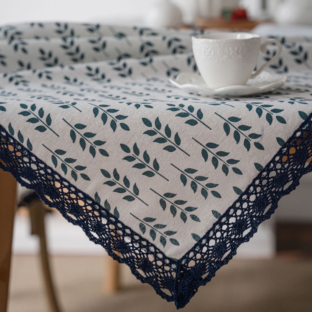 Khăn Trải Bàn Vải Lanh Cotton In Họa Tiết Tai Thỏ Màu Xanh Lá Xinh Xắn