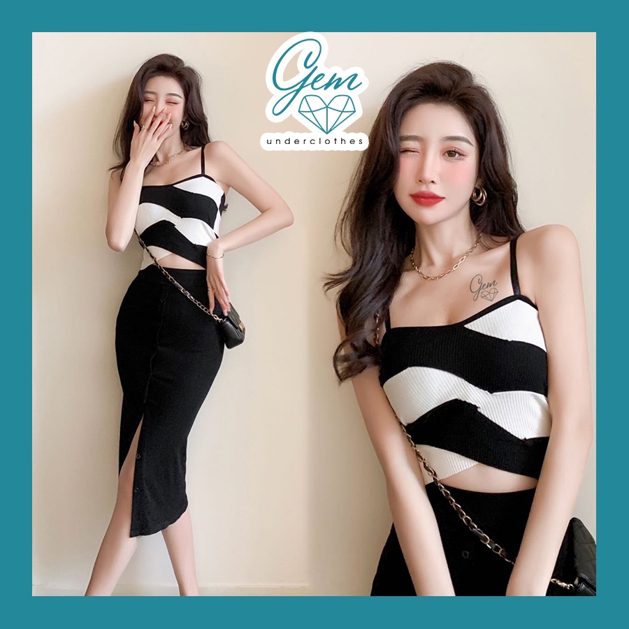 Áo hai dây nữ croptop dệt kim có mút ngực kiểu họa tiết xéo Gem Lin