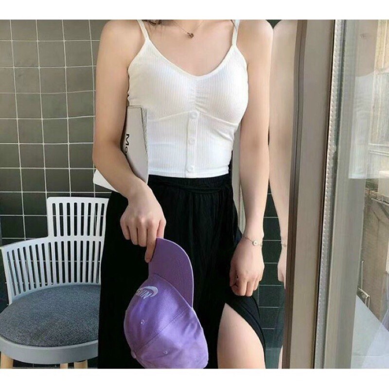 Áo bra 2 dây 3 khuy len tăm dáng croptop phối đồ cực xinh có đệm ngực 2079
