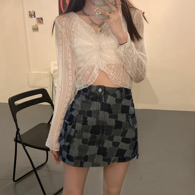 Set Áo Ren Lưới + Quần Short Denim Giả Váy Thời Trang Cho Nữ