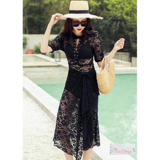 SET LIỀN (MONOKINI SET) REN ĐEN 3 MẢNH KHĂN CHOÀNG CAO CẤP