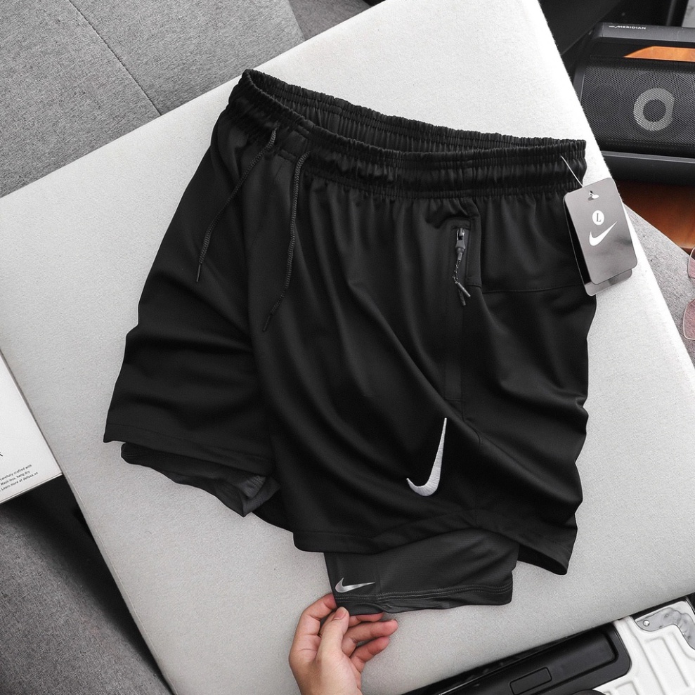 Quần Short đùi tập gym nam 2 lớp NIKE LÓT THUN Vải Thể Thao có túi Ziper