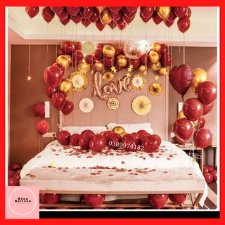 Set bóng bay trang trí phòng cưới, tân hôn màu đỏ siêu đẹp c51 🎈Tặng phụ kiện 3 chữ hỷ + cánh hoa trang trí phòng cưới