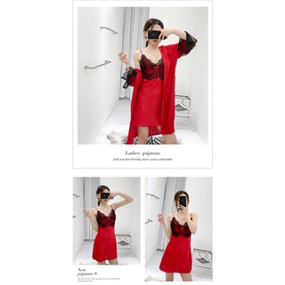 Set Đồ ngủ Lụa 2 dây kèm Áo choàng lụa Ren viền V