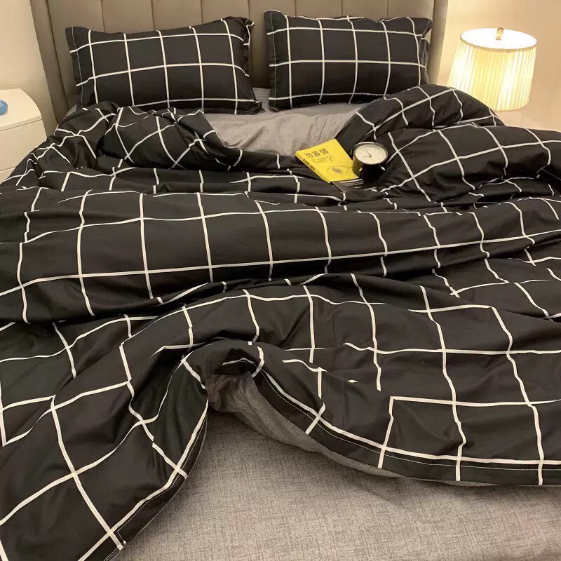 Bộ Chăn Ga Gối Cotton Poly Kẻ Đen Hàn Quốc