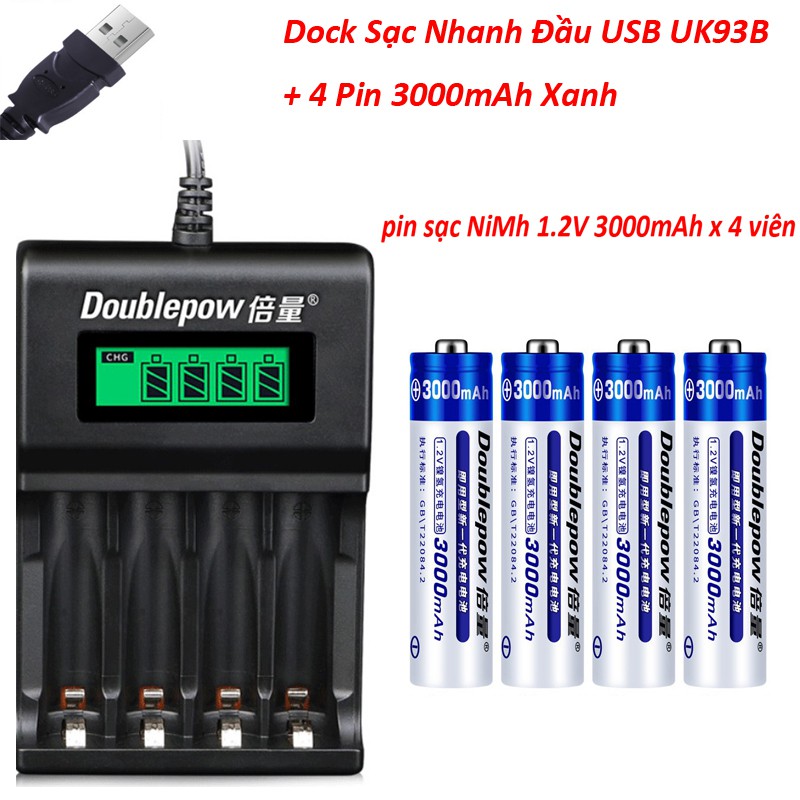 Combo Dock Sạc Nnanh Đầu USB và 4 Pin Sạc NiMh AA 3000mAh/3200mAh 1.2V MiCro Karaoke Doublepow 2A Có LED Báo Đầy Tự Ngắt