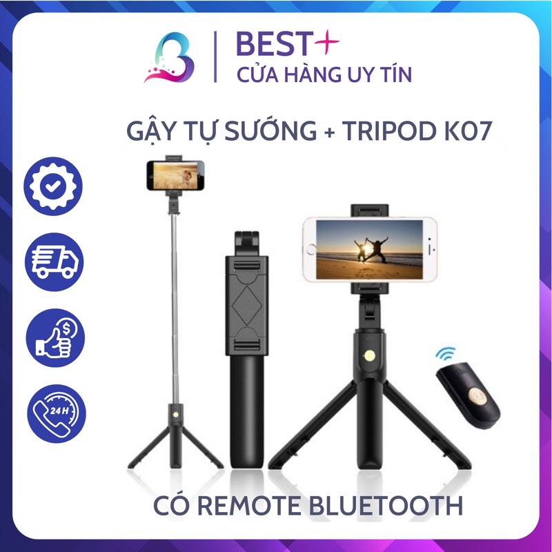 Gậy chụp ảnh 3 chân có điều khiển Bluetooth, cây livestream, tự sướng Tripod K07