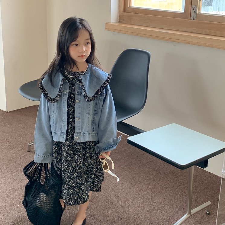 Set Áo Thun Dài Tay + Chân Váy Denim In Hoa Thời Trang Hong Kong Mới Cho Bé Gái
