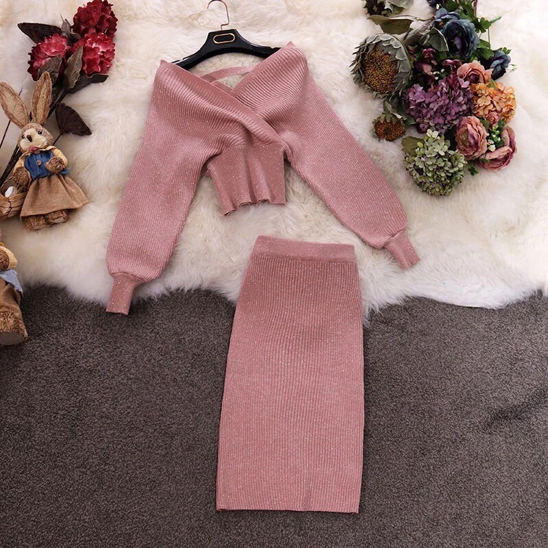 Sét váy+áo len 2 chi tiết ánh kim hàng quảng châu cao cấp