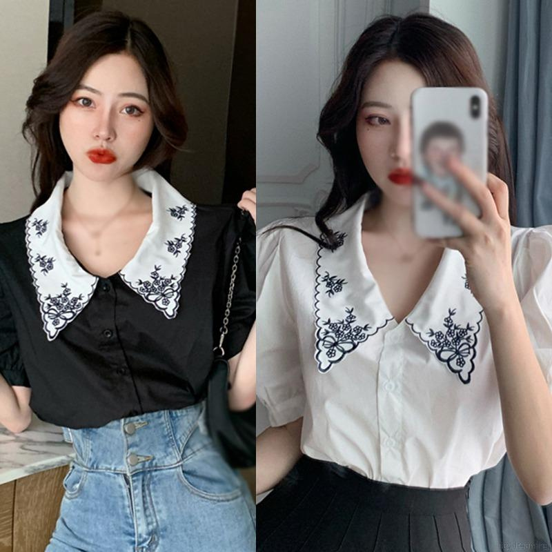 Áo Sơ Mi Nữ Dáng Rộng Tay Phồng Thêu Hoa Màu Tương Phản Kiểu Retro Thời Trang Mùa Hè | BigBuy360 - bigbuy360.vn