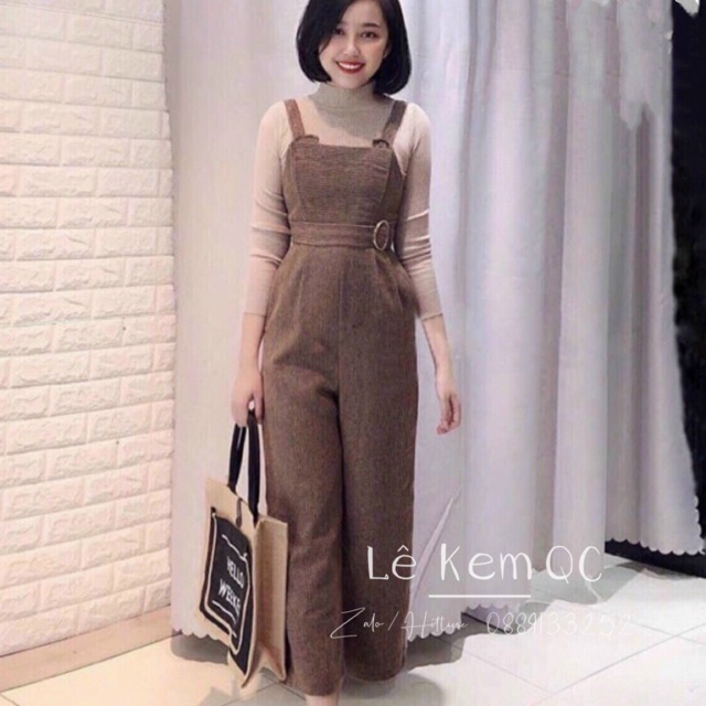Sét Yếm Quần Chất Dạ Kèm Đai Mix Áo Len Tay Dài Cổ 3 Phân Hàng Quảng Châu ❤️