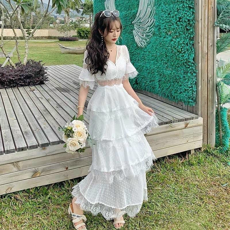 [ẢNH THẬT PHÍA SAU] ĐẦM MAXI BI TẦNG PHỐI REN CÔNG CHÚA HAI MÀU TRẮNG XANH