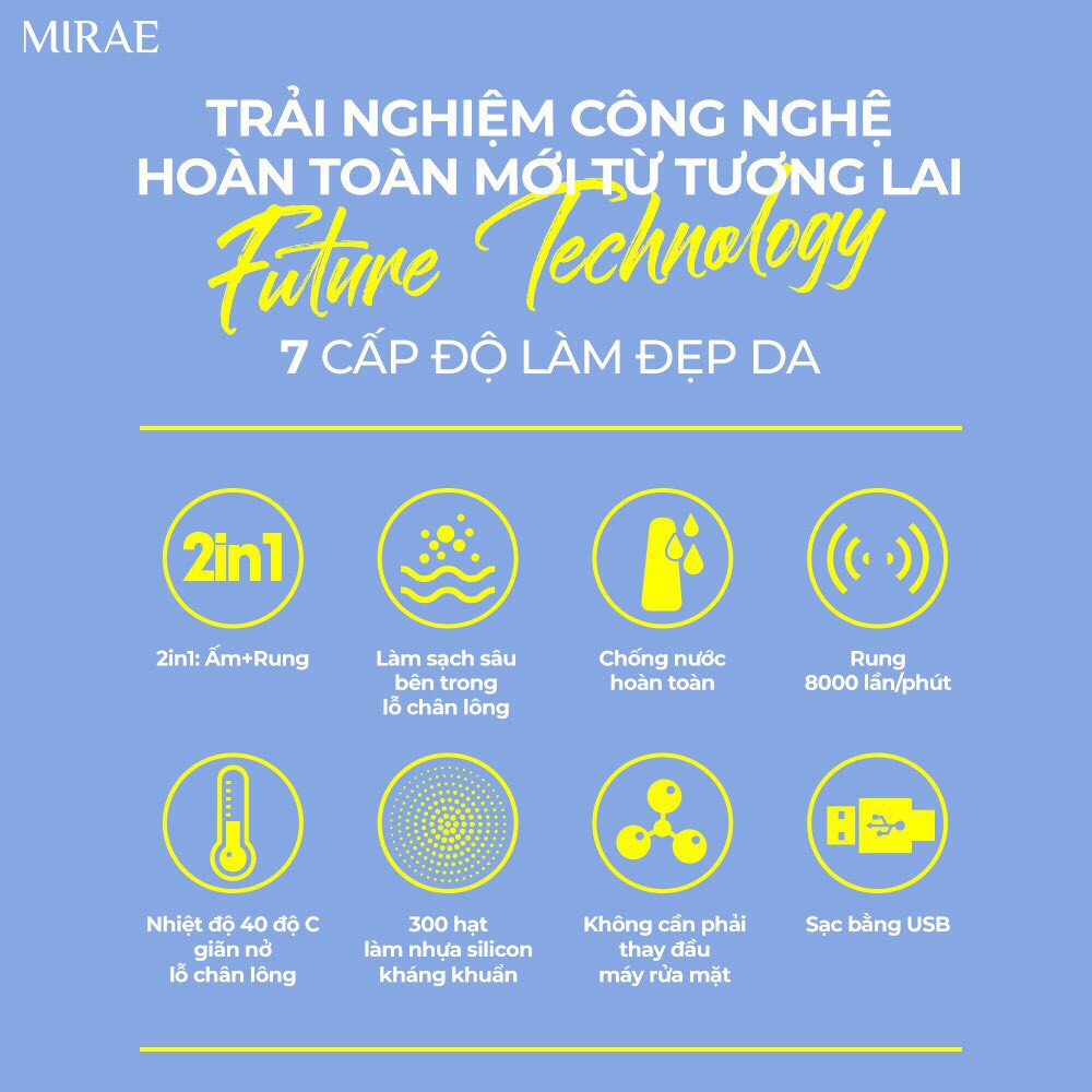 Máy rửa mặt MIRAE Chính Hãng sóng âm cảm biến nhiệt với 7 cấp độ làm đẹp da