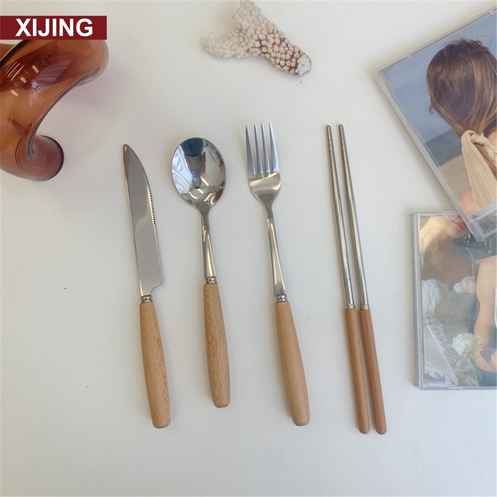 Muỗng/ nĩa/ đũa bằng thép không gỉ cán gỗ phong cách Nhật Bản