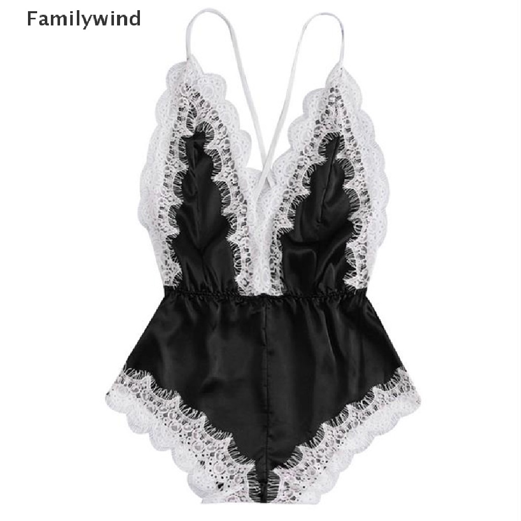 Bộ đồ ngủ liền thân cổ chữ v bằng satin phối ren hở lưng quyến rũ dành cho nữ