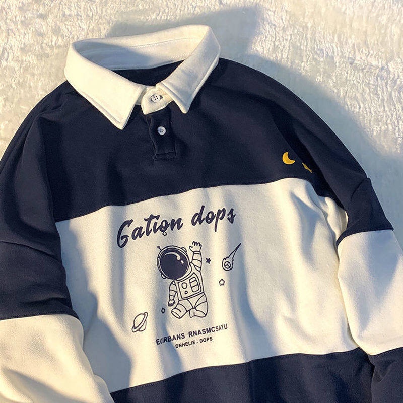 Áo nỉ cổ polo cỡ lớn in chữ phong cách Harajuku cổ điển