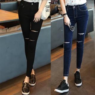 Quần jeans đen rách gối thời trang cho nữ
