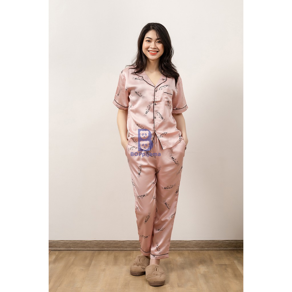 Bộ đồ ngủ nữ pizama tay áo cộc quần dài vải lụa chất mát, thoải mái- HATIBO 07 | BigBuy360 - bigbuy360.vn