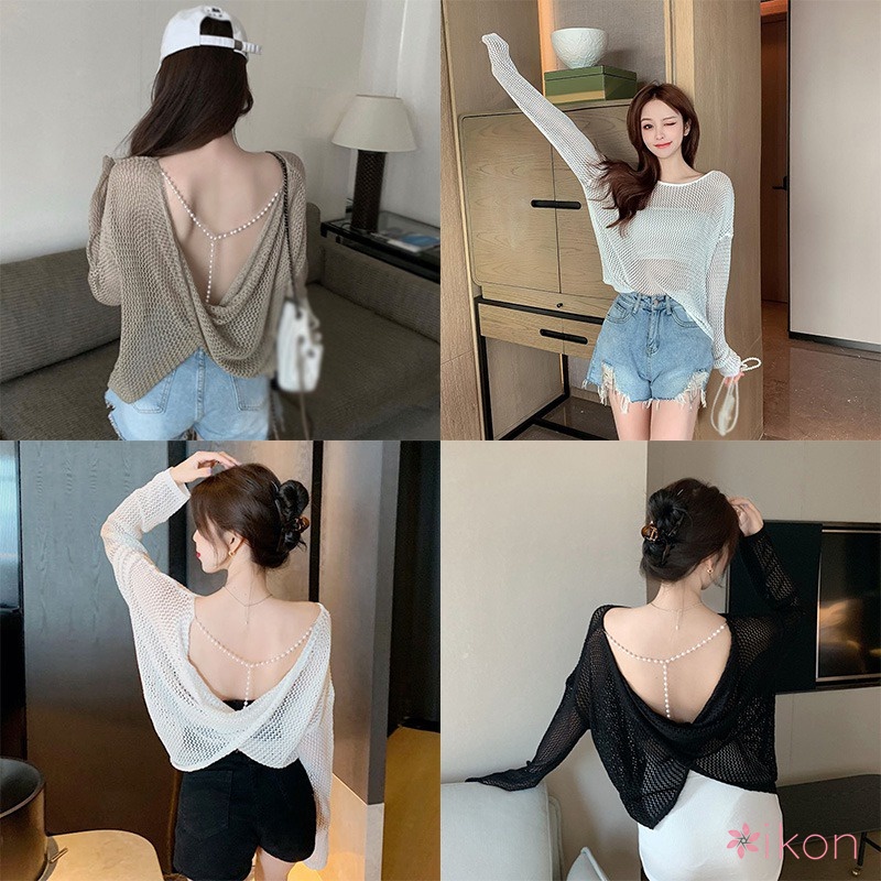 Áo Chống Nắng Khoét Lỗ Chéo Đính Hạt Màu Sắc Trơn Cho Nữ
