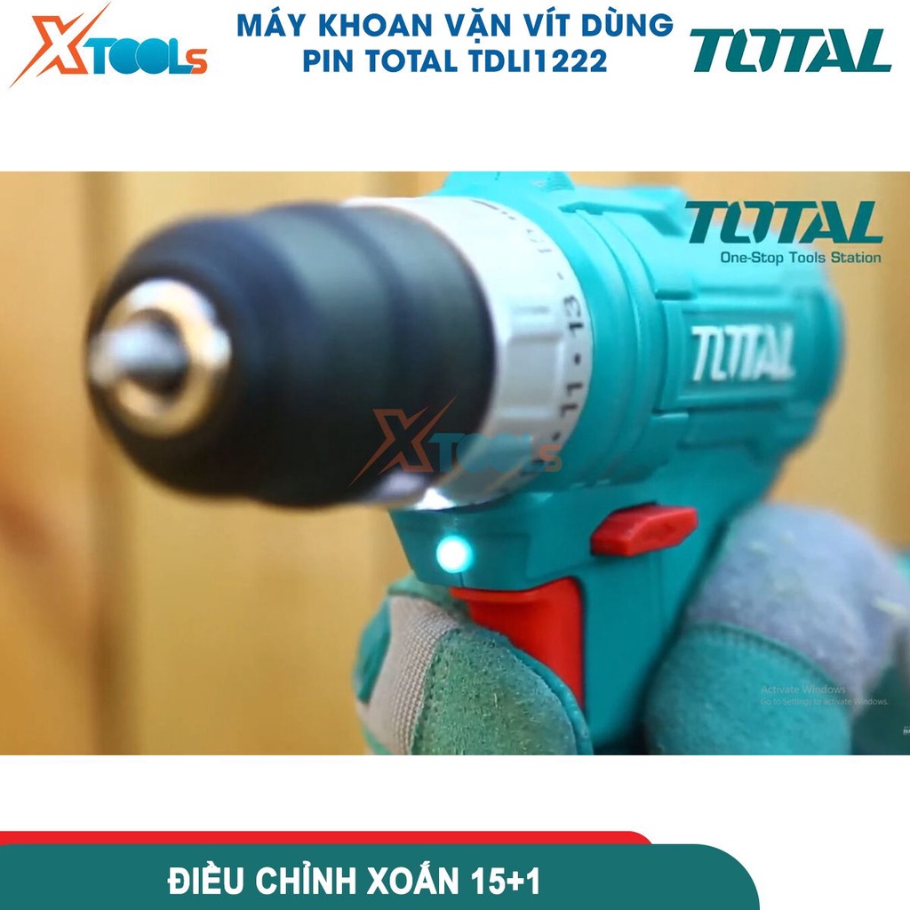Máy khoan pin cầm tay 12V 10mm Total TDLI1222 tốc độ 1350v/p, lực siết 25nm, khả năng khoan 10mm [CHÍNH HÃNG][XTOOLS]