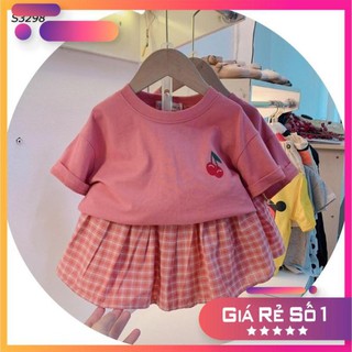 Sale sbg51 - set bé gái hồng áo cherry mix cvay kẻ