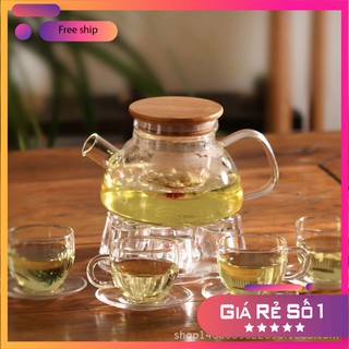 Set ấm chén trà thuỷ tinh nắp tre dung tích 600ml