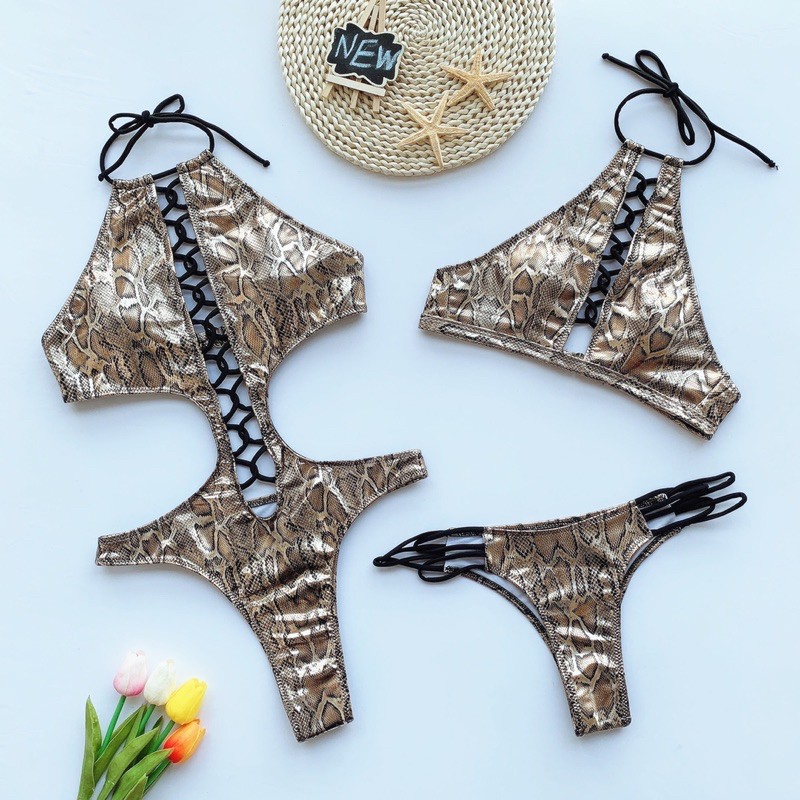 [BKN1132] &lt;ÂU&gt; SET BIKINI DA RẮN BÓNG ĐAN DÂY NGỰC QUẦN THONG/LỌT KHE
