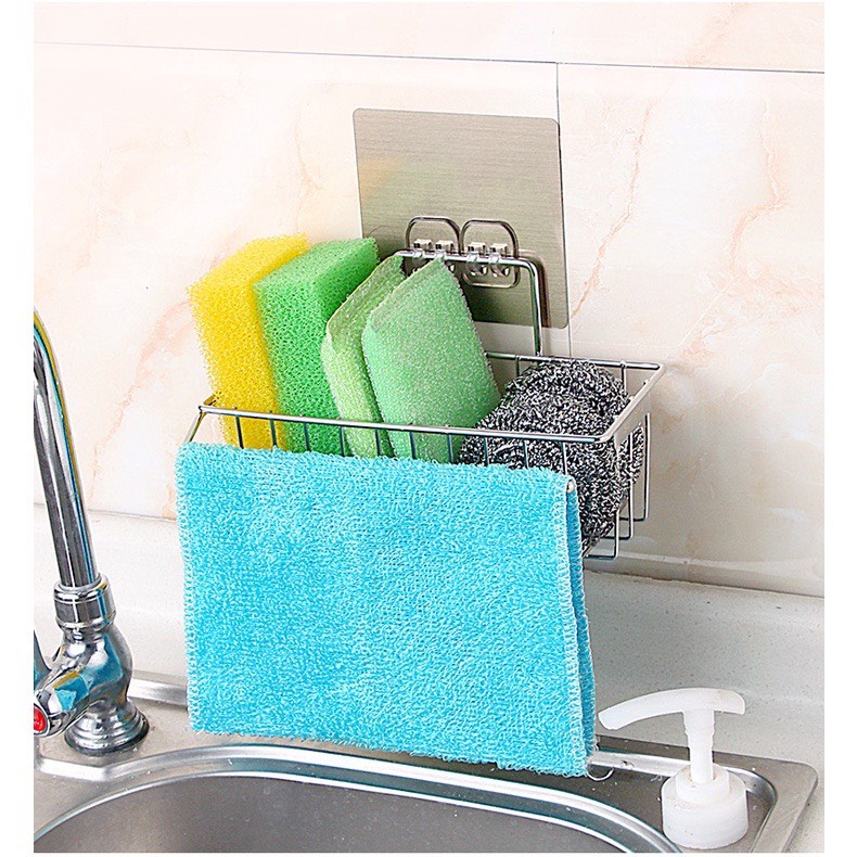 Giá Inox Để Rẻ Rửa Bát Có Khay Hứng Nước, Treo Khăn Dán Tường Tiện Lợi