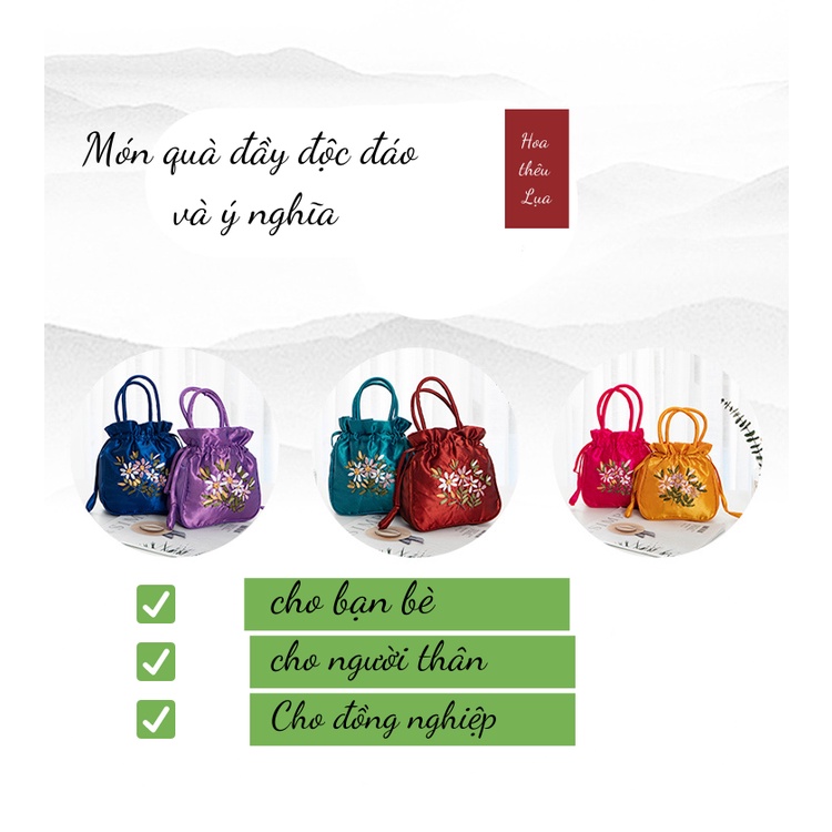 Túi Xách Cầm Tay Thêu Hoa Có Dây Rút Phong Cách Cổ Điển, Sang Trọng Cho Nữ Giới, 2N001 2 Ngân Shop